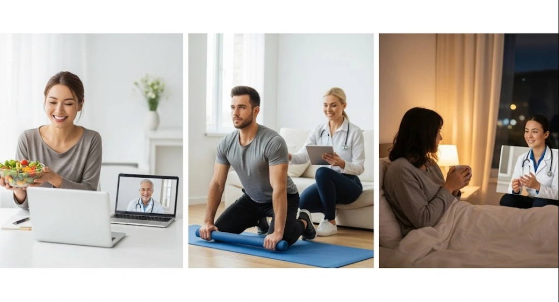 a lady getting virtual advice on diet from a doctor, a man getting fitness coaching and a lady seeking sleep coaching from doctors
